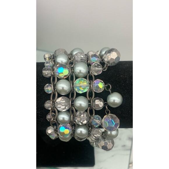 Chicos Multi Layer Faux Gray Pearls And AB Crystal Statement Beaded Bracelet - Picture 2 of 6